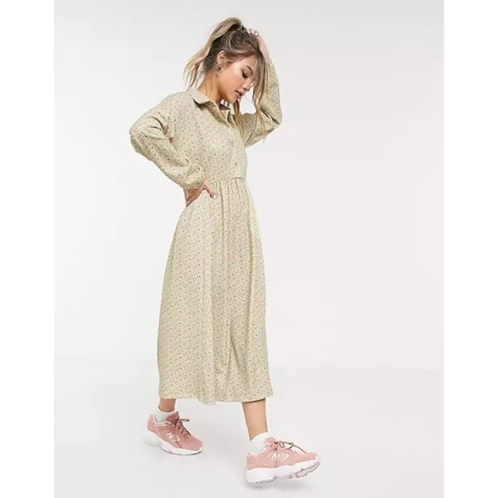 ASOS Womens long sleeve smock shirt dress 14 green ditsy Floral Maxi Cottagecore